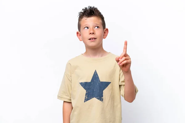 Little Caucasian Boy Isolated White Background Thinking Idea Pointing Finger — 图库照片