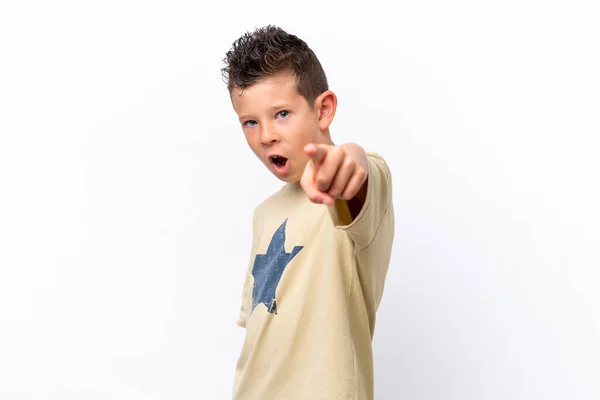 Little Caucasian Boy Isolated White Background Frustrated Pointing Front — Fotografia de Stock