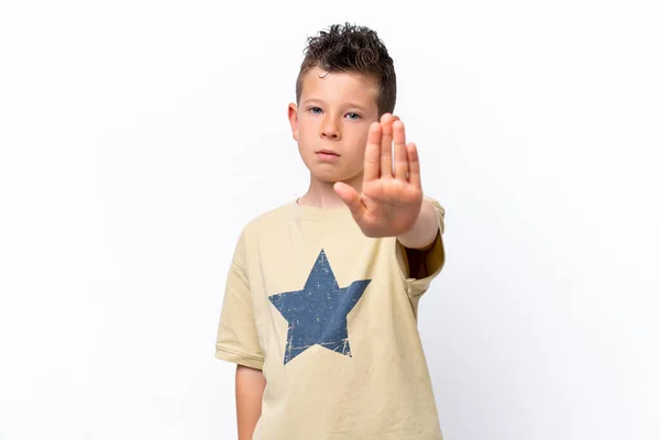 Little Caucasian Boy Isolated White Background Making Stop Gesture — Stock Fotó