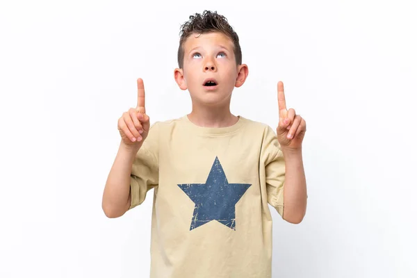 Little Caucasian Boy Isolated White Background Surprised Pointing — ストック写真