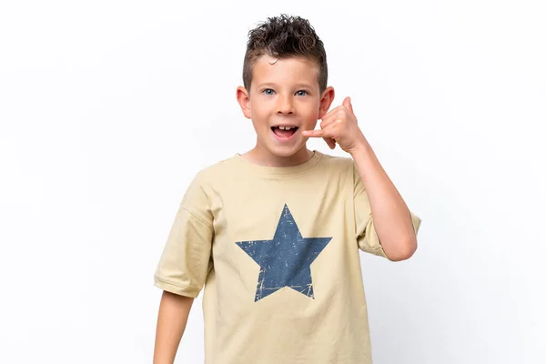Little Caucasian Boy Isolated White Background Making Phone Gesture Call — Photo