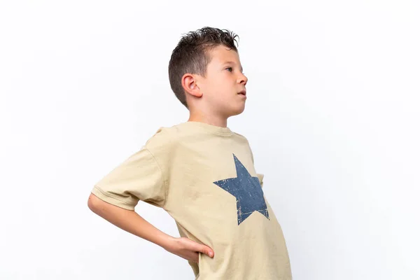 Little Caucasian Boy Isolated White Background Suffering Backache Having Made — Photo