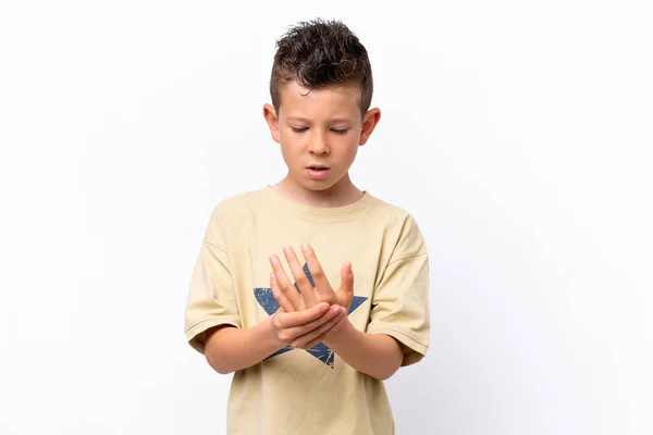 Little Caucasian Boy Isolated White Background Suffering Pain Hands —  Fotos de Stock