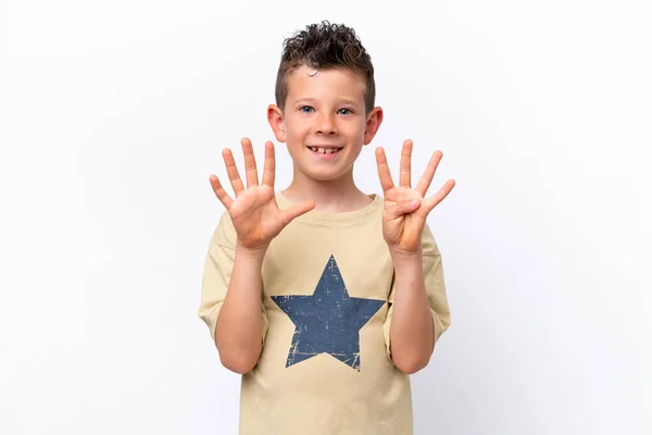 Little Caucasian Boy Isolated White Background Counting Nine Fingers —  Fotos de Stock