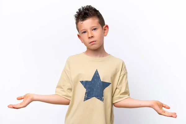 Little Caucasian Boy Isolated White Background Having Doubts — Foto Stock