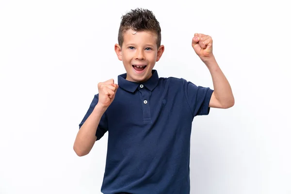 Little Caucasian Boy Isolated White Background Celebrating Victory —  Fotos de Stock