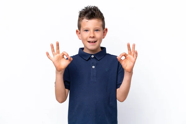 Little Caucasian Boy Isolated White Background Showing Sign Two Hands — Photo