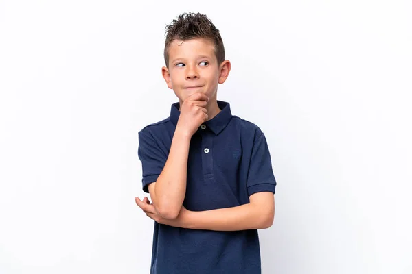 Little Caucasian Boy Isolated White Background Thinking Idea While Looking — Photo
