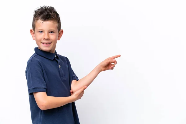 Little Caucasian Boy Isolated White Background Pointing Finger Side — Stockfoto