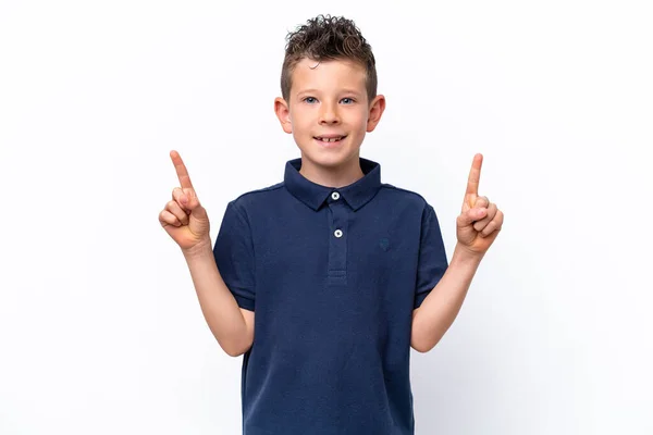 Pequeño Chico Caucásico Aislado Sobre Fondo Blanco Apuntando Una Gran — Foto de Stock