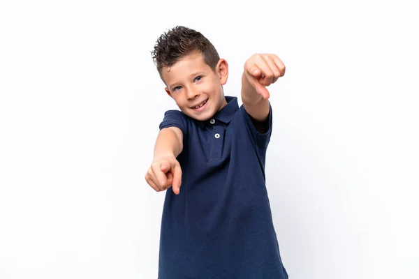 Little Caucasian Boy Isolated White Background Pointing Front Happy Expression — 스톡 사진