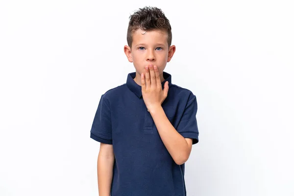 Little Caucasian Boy Isolated White Background Covering Mouth Hand — Stock Photo, Image