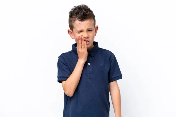 Little Caucasian Boy Isolated White Background Toothache — Fotografia de Stock