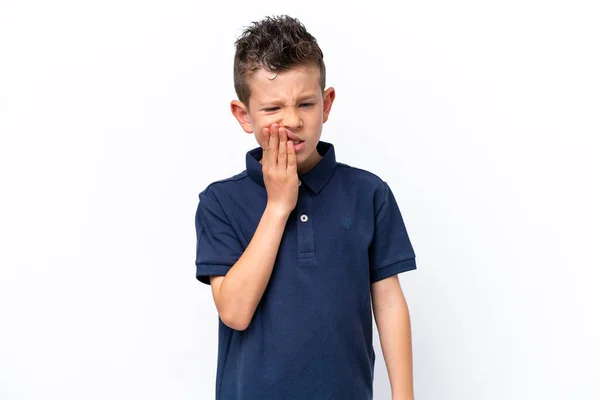 Little Caucasian Boy Isolated White Background Toothache — Photo