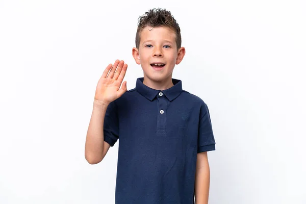 Kleine Blanke Jongen Geïsoleerd Witte Achtergrond Salueren Met Hand Met — Stockfoto