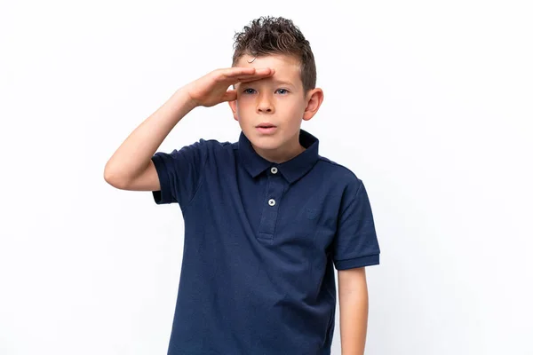 Little Caucasian Boy Isolated White Background Looking Far Away Hand — Stockfoto