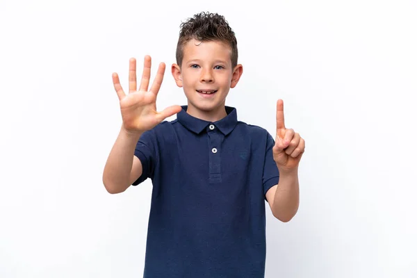 Little Caucasian Boy Isolated White Background Counting Six Fingers — 图库照片