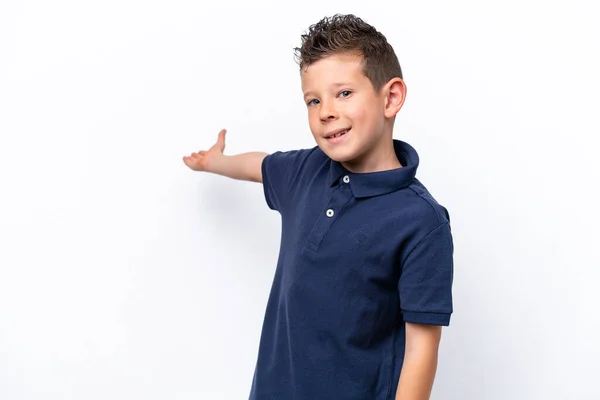 Little Caucasian Boy Isolated White Background Extending Hands Side Inviting — Photo