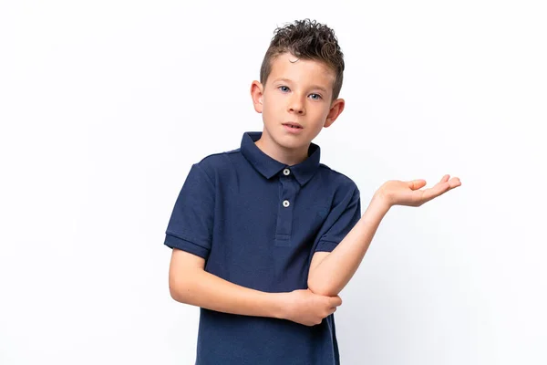 Little Caucasian Boy Isolated White Background Having Doubts — Zdjęcie stockowe