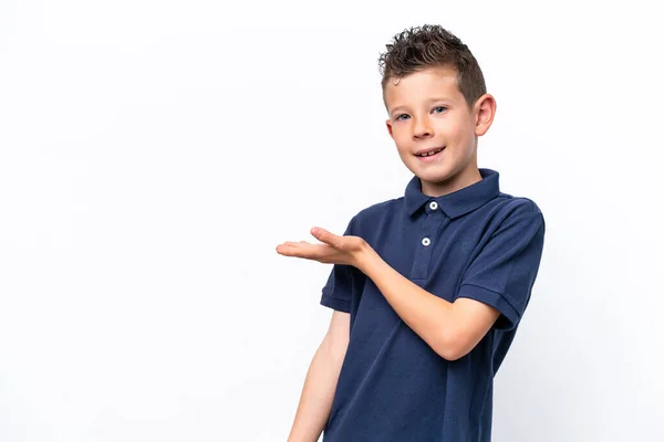 Little Caucasian Boy Isolated White Background Presenting Idea While Looking — Stockfoto