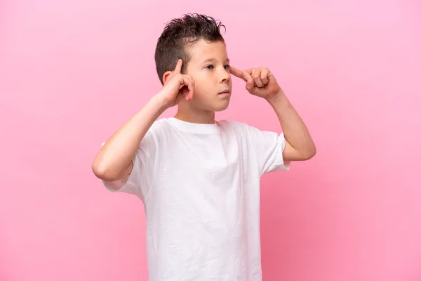 Little Caucasian Boy Isolated Pink Background Having Doubts Thinking — Stockfoto