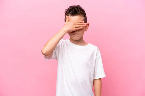 Little Caucasian Boy Isolated Pink Background Covering Eyes Hands Want — стоковое фото