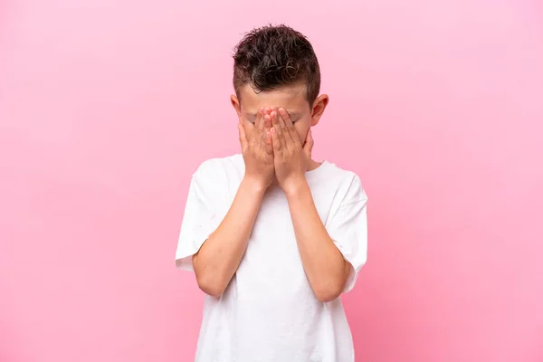 Little Caucasian Boy Isolated Pink Background Tired Sick Expression — стоковое фото