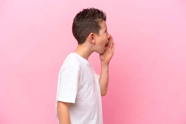 Little Caucasian Boy Isolated Pink Background Shouting Mouth Wide Open — Zdjęcie stockowe