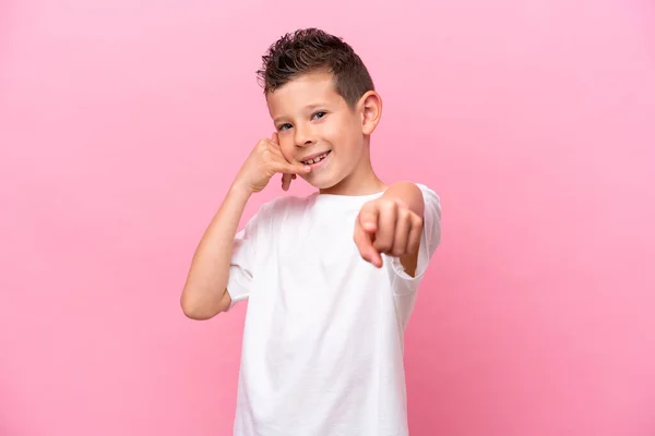 Little Caucasian Boy Isolated Pink Background Making Phone Gesture Pointing — Photo