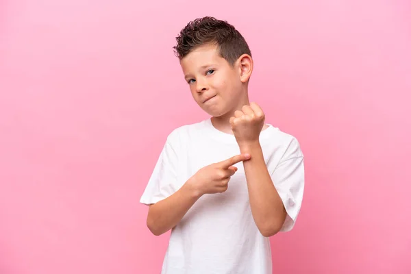 Little Caucasian Boy Isolated Pink Background Making Gesture Being Late — 图库照片
