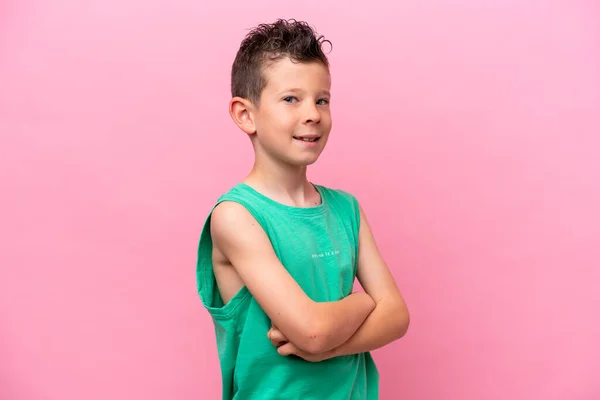 Little Caucasian Boy Isolated Pink Background Arms Crossed Looking Forward — Stockfoto