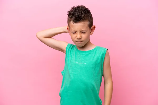 Little Caucasian Boy Isolated Pink Background Neckache — Stockfoto