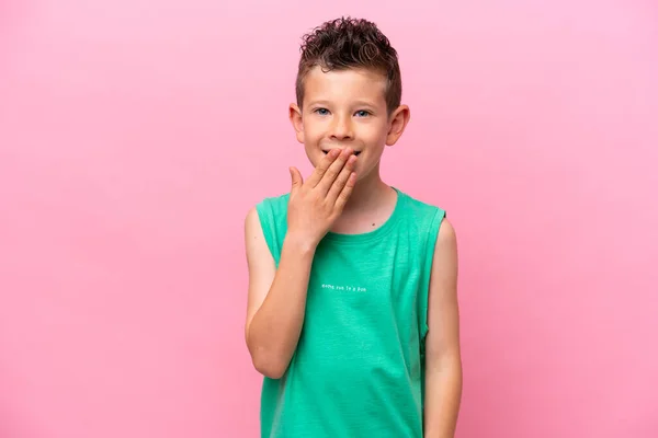 Little Caucasian Boy Isolated Pink Background Happy Smiling Covering Mouth — Photo