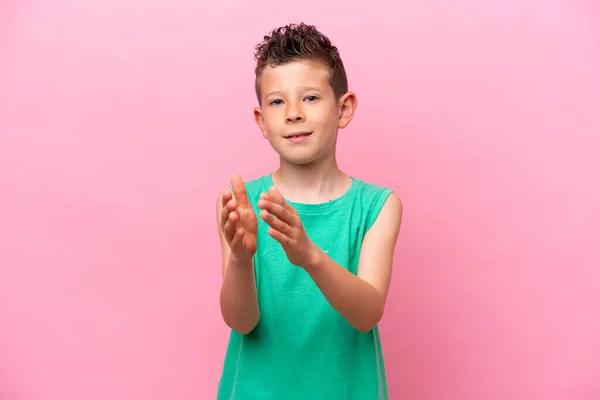Little Caucasian Boy Isolated Pink Background Applauding Presentation Conference —  Fotos de Stock