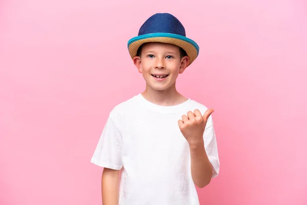 Little Caucasian Boy Wearing Hat Isolated Pink Background Thumbs Because — Zdjęcie stockowe