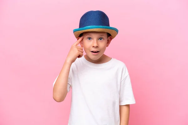 Little Caucasian Boy Wearing Hat Isolated Pink Background Intending Realizes — Fotografia de Stock