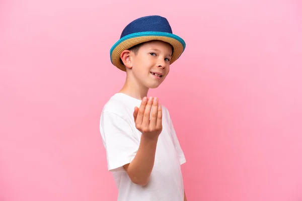 Little Caucasian Boy Wearing Hat Isolated Pink Background Inviting Come — стоковое фото