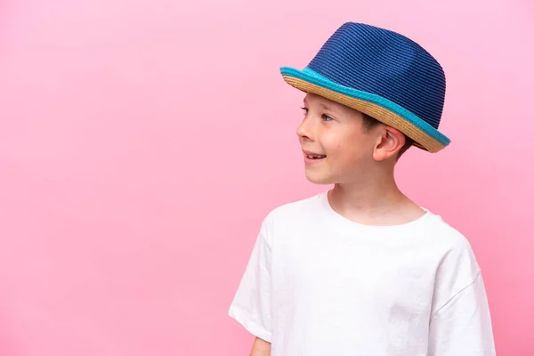 Little Caucasian Boy Wearing Hat Isolated Pink Background — Photo