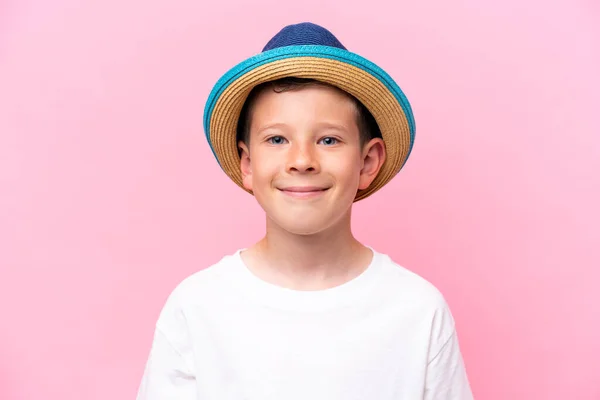 Little Caucasian Boy Wearing Hat Isolated Pink Background — Zdjęcie stockowe
