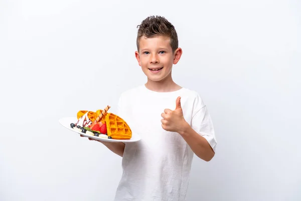 Little Caucasian Boy Holding Waffles Isolated White Background Thumbs Because — Stock Photo, Image