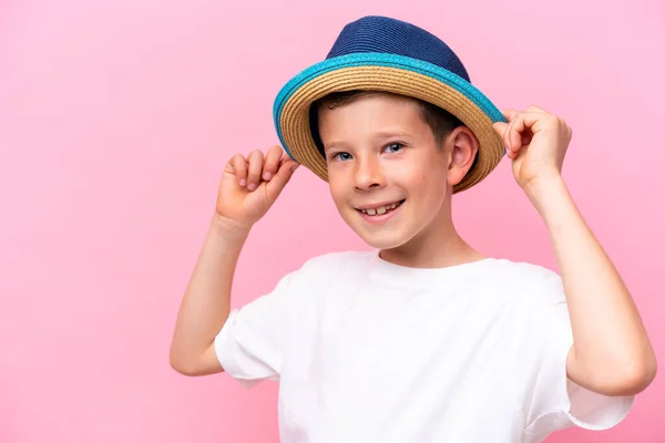 Little Caucasian Boy Wearing Hat Isolated Pink Background — Zdjęcie stockowe