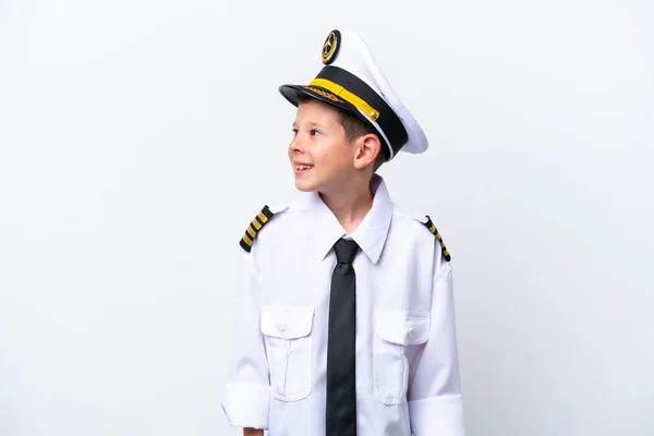 Little Airplane Pilot Boy Isolated White Background Looking Side — Photo