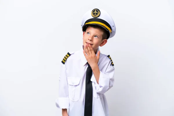 Little Airplane Pilot Boy Isolated White Background Looking While Smiling — Photo
