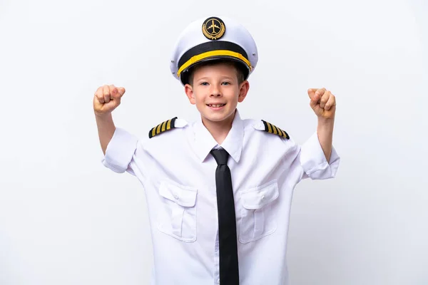 Little Airplane Pilot Boy Isolated White Background Doing Strong Gesture — Foto Stock