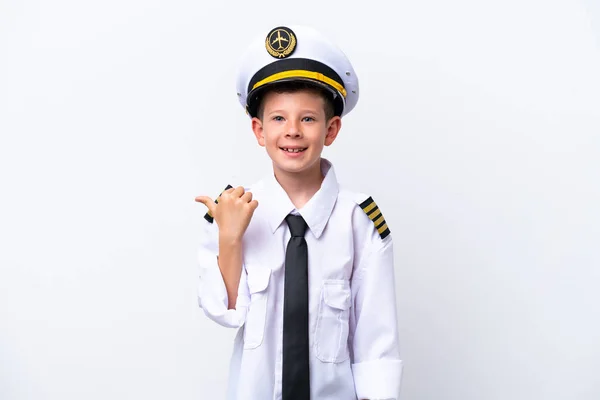 Little Airplane Pilot Boy Isolated White Background Pointing Side Present — Stok fotoğraf