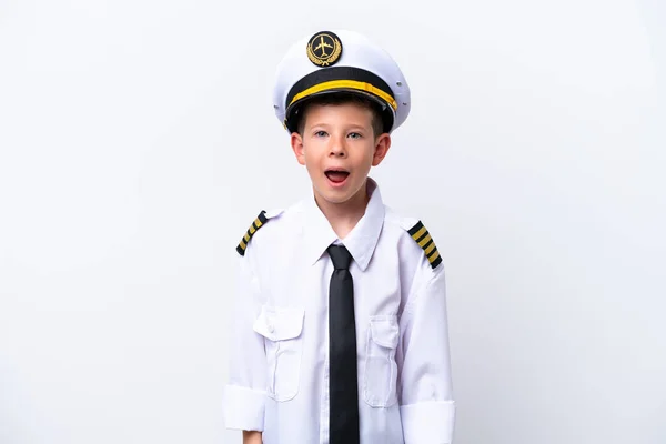 Little Airplane Pilot Boy Isolated White Background Surprise Facial Expression — 图库照片
