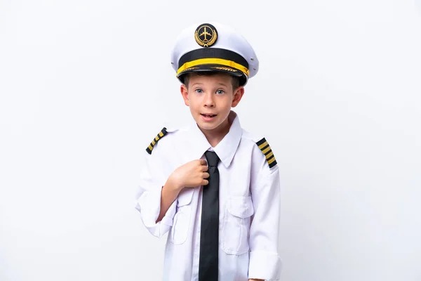 Little Airplane Pilot Boy Isolated White Background Surprise Facial Expression — 스톡 사진