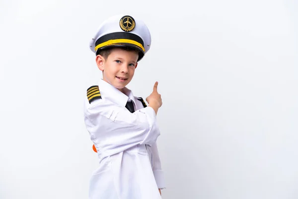 Little Airplane Pilot Boy Isolated White Background Pointing Back — 스톡 사진