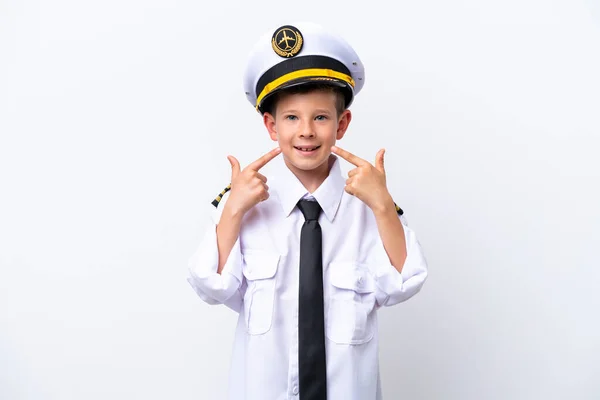 Little Airplane Pilot Boy Isolated White Background Giving Thumbs Gesture — Stok fotoğraf