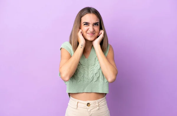 Young Caucasian Woman Isolated Purple Background Frustrated Covering Ears — Stock Photo, Image